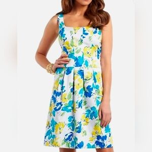CHAPS Floral Fit & Flare Dress - Size 12 - Vibrant Blue & Yellow Flowers Summer